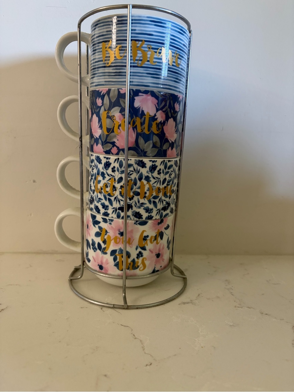 Stackable Floral Ceramic Mug Set with Gold Lettering